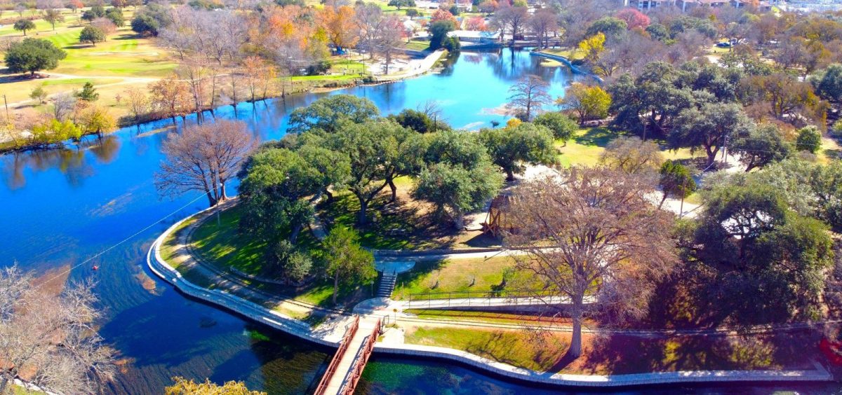 Aerial River view with multi-colored foliage in New Braunfels TX